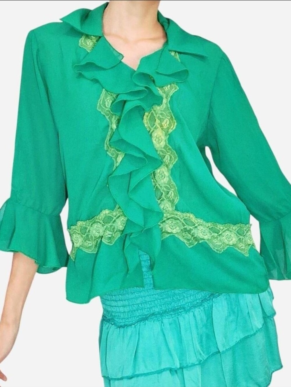 Vintage Piano Green ruffle blouse lace trim flared  bell sleeves Small or Medium
